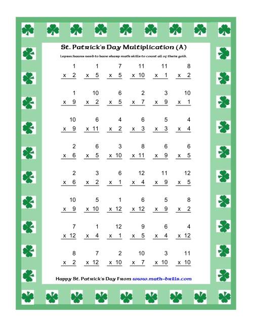 St Patrick S Day Multiplication Facts To 144 Shamrock Border Theme A