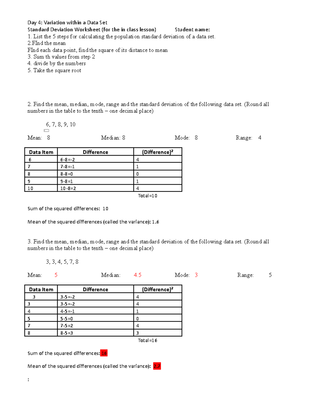 Standard Deviation Worksheet For 9Th 10Th Grade Lesson Planet