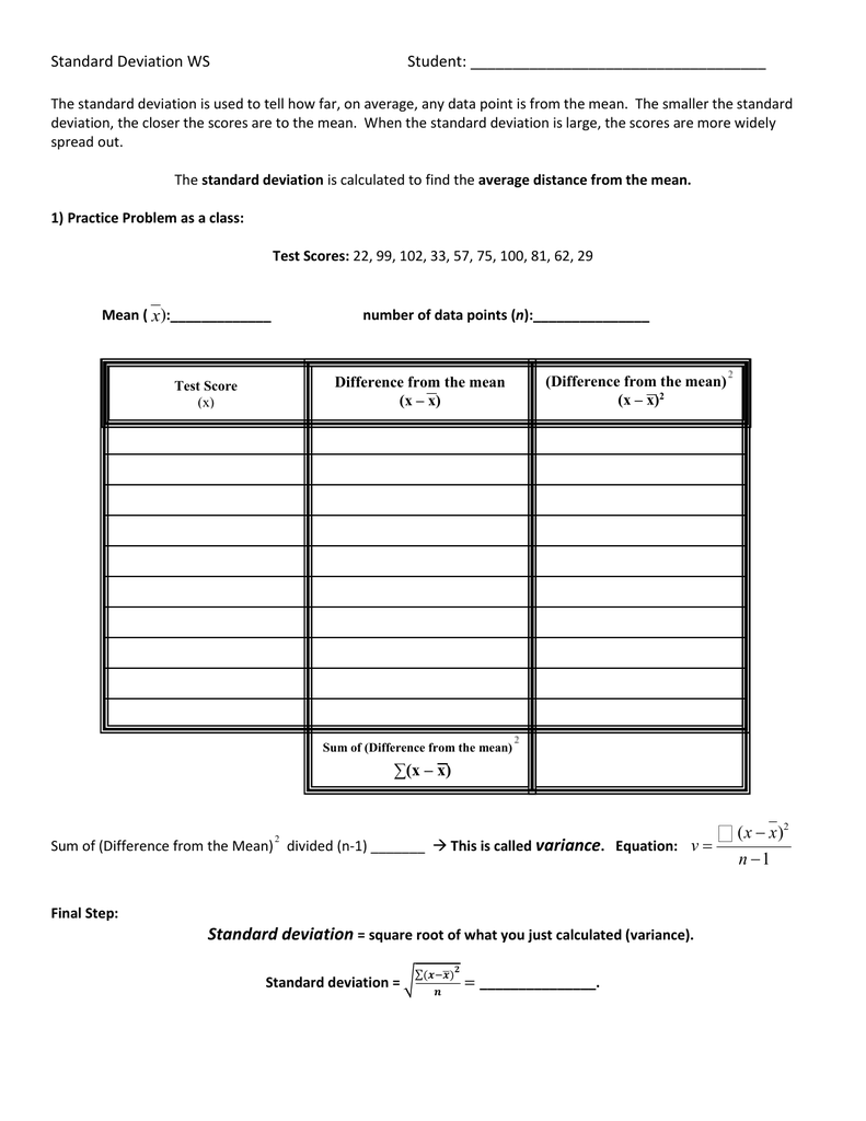 Standard Deviation Worksheet