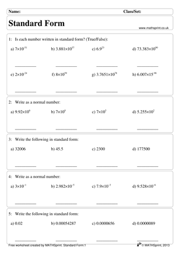 Standard Form Practice Questions Solutions Teaching Resources