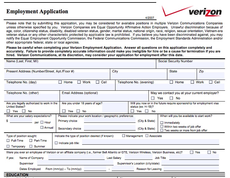 Standard Verizon Wireless Job Application Wikidownload Wikidownload