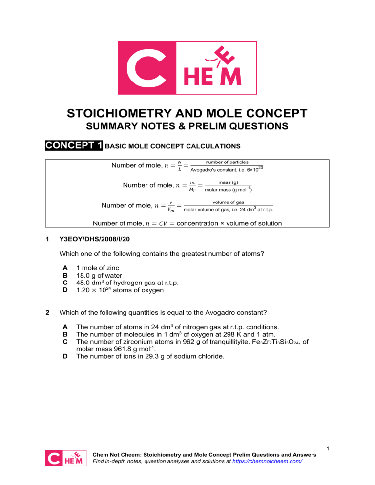 Stoichiometry And Mole Concept Prelim Questions And Answers