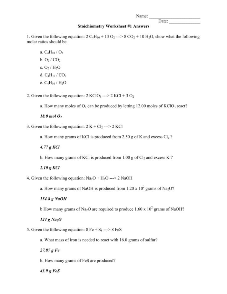 Stoichiometry Worksheet 1 Answers Thekidsworksheet