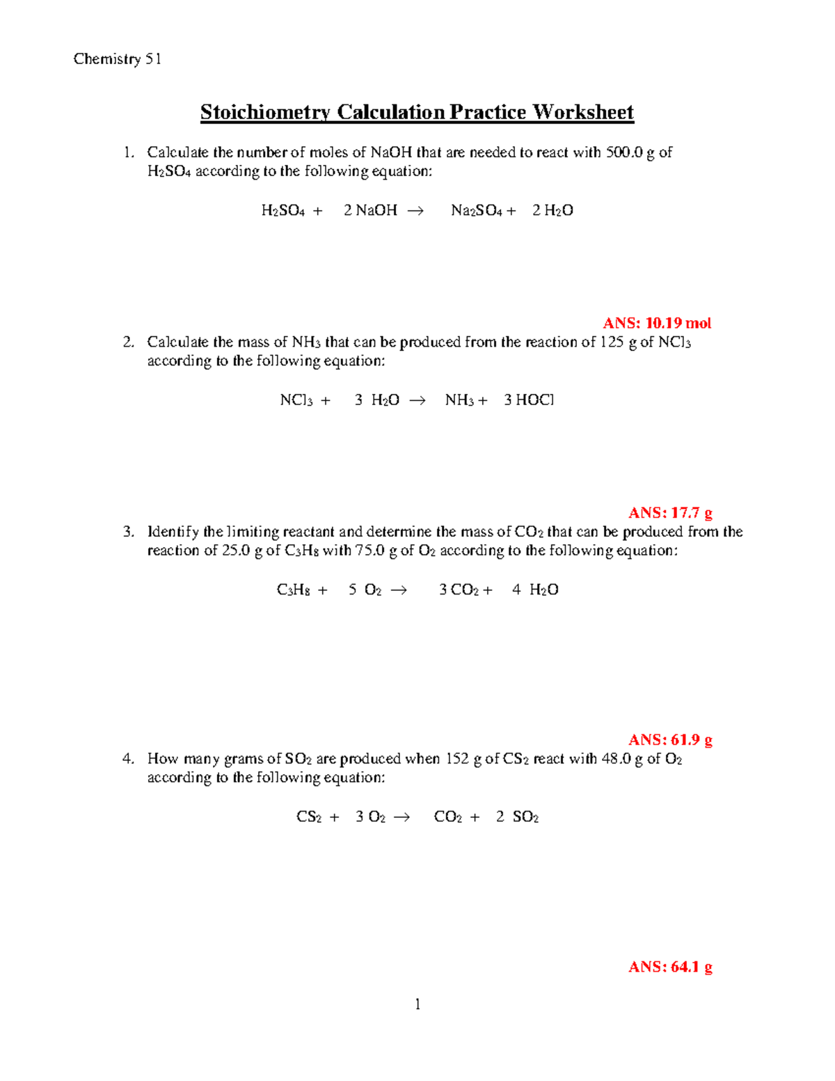 Stoichiometry Worksheet Chemistry 51 1 Stoichiometry Calculation Practice Worksheet Calculate