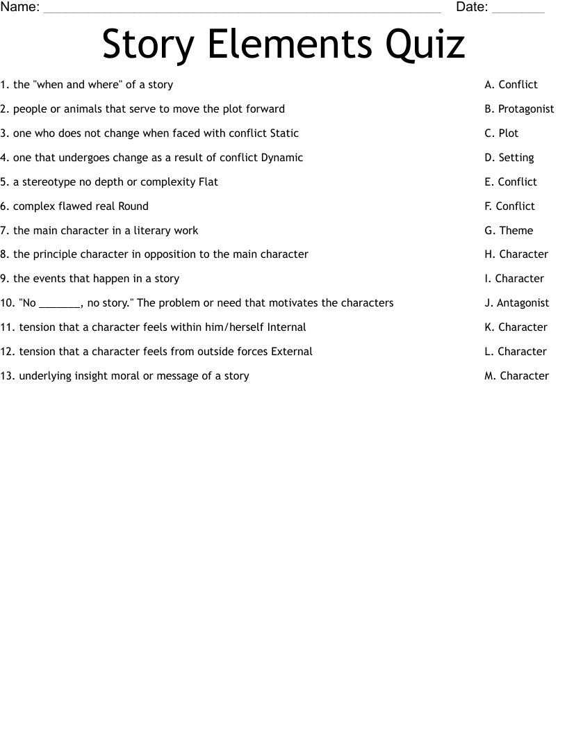 Story Elements Quiz Worksheet Wordmint