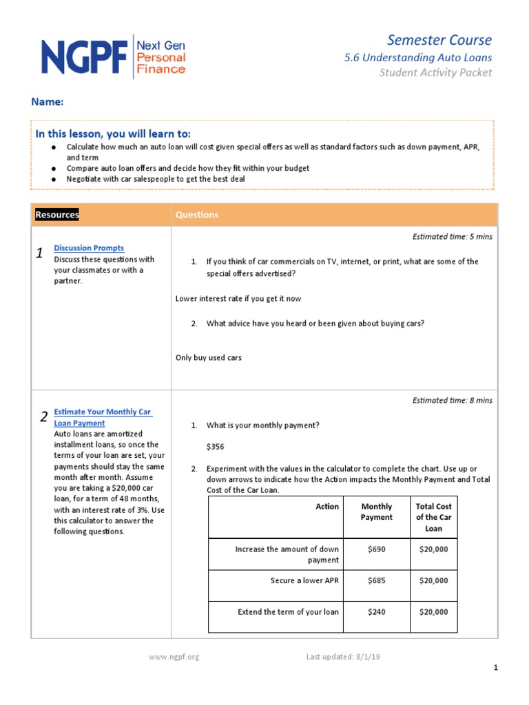 Student Activity Packet Credit Scores Personal Financial Literacy 16 Credit Scores Student