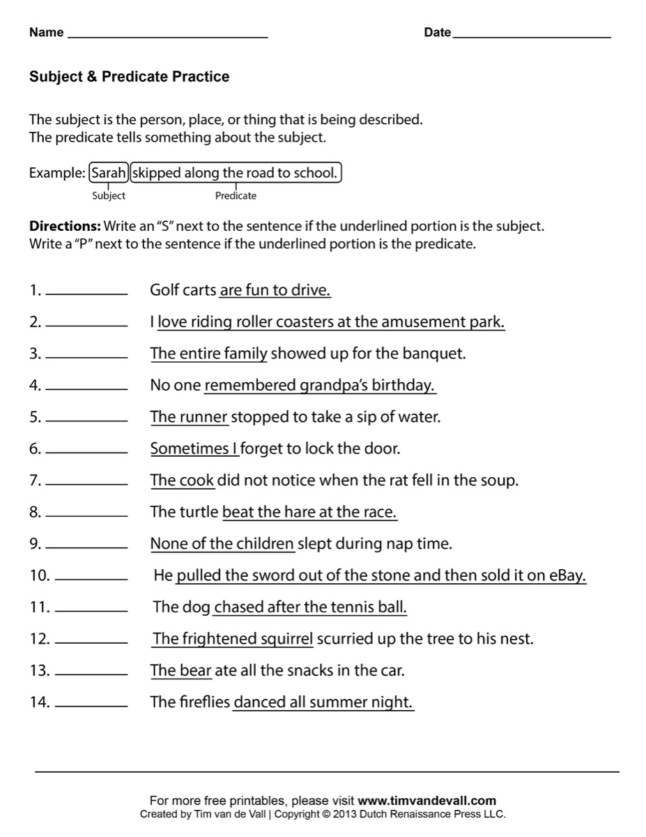 Subject And Predicates Worksheets