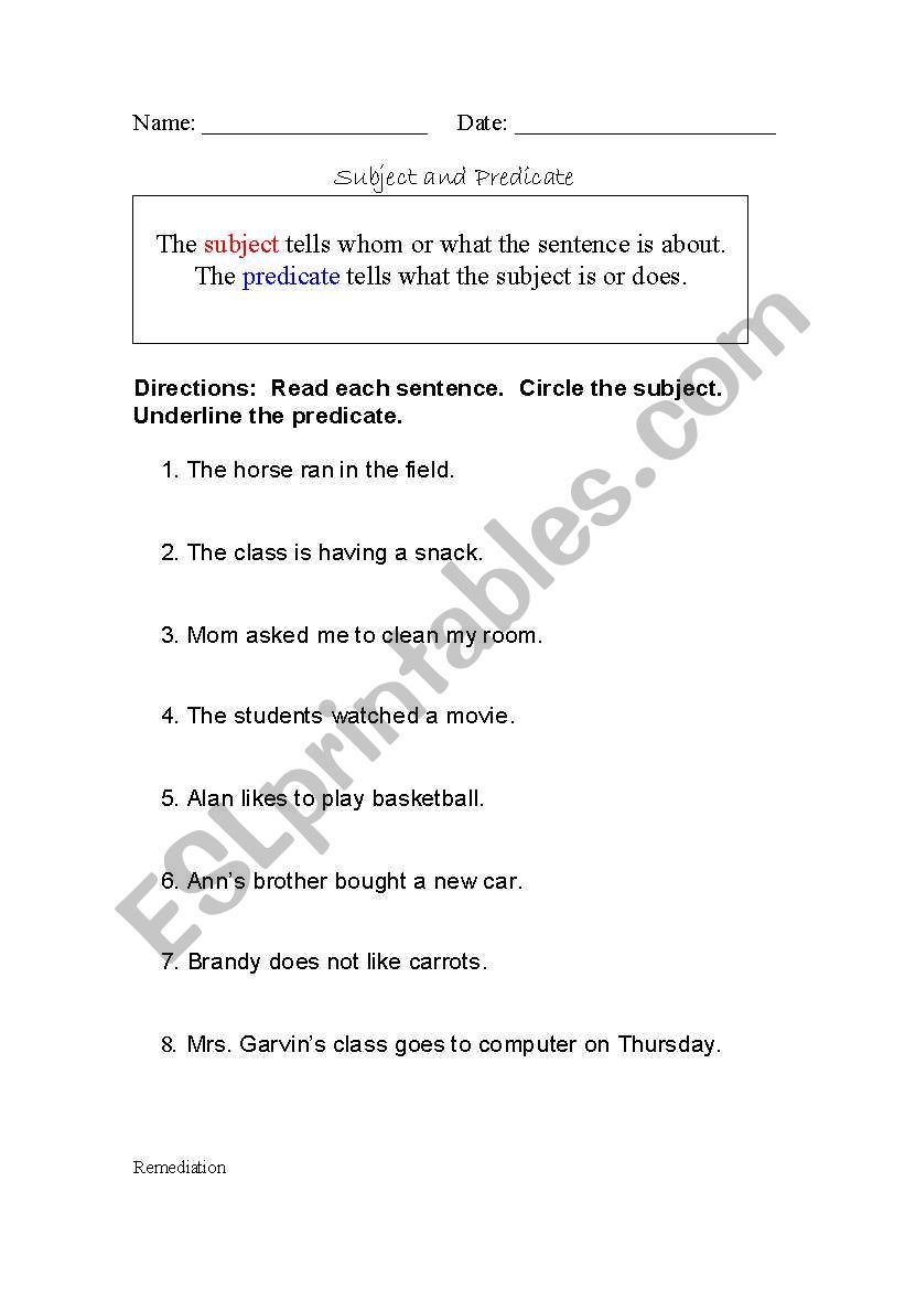 Subjects And Predicates Worksheet Onlineworksheet My Id