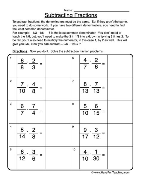 Subtract Fractions Worksheet Pdf