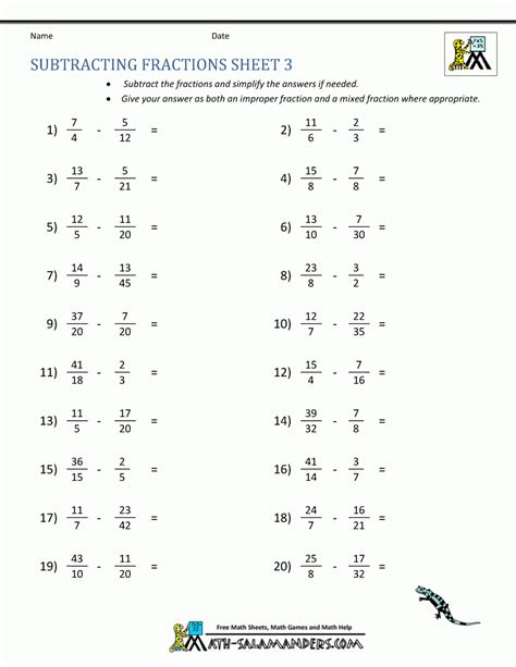 Subtract Fractions Worksheet With Answers