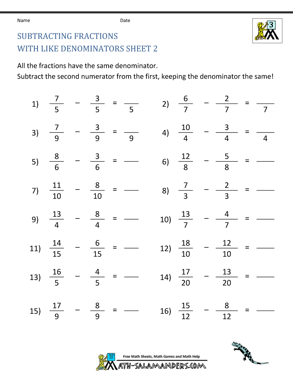 Subtracting Fractions: Free Practice Worksheet for Students