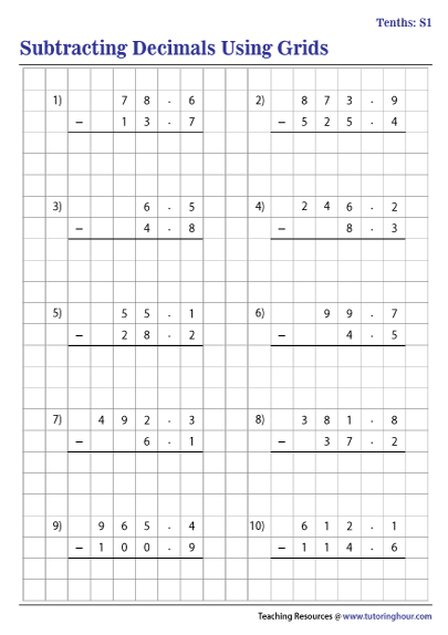 Subtracting Decimals Using Grids Worksheets Worksheets Library