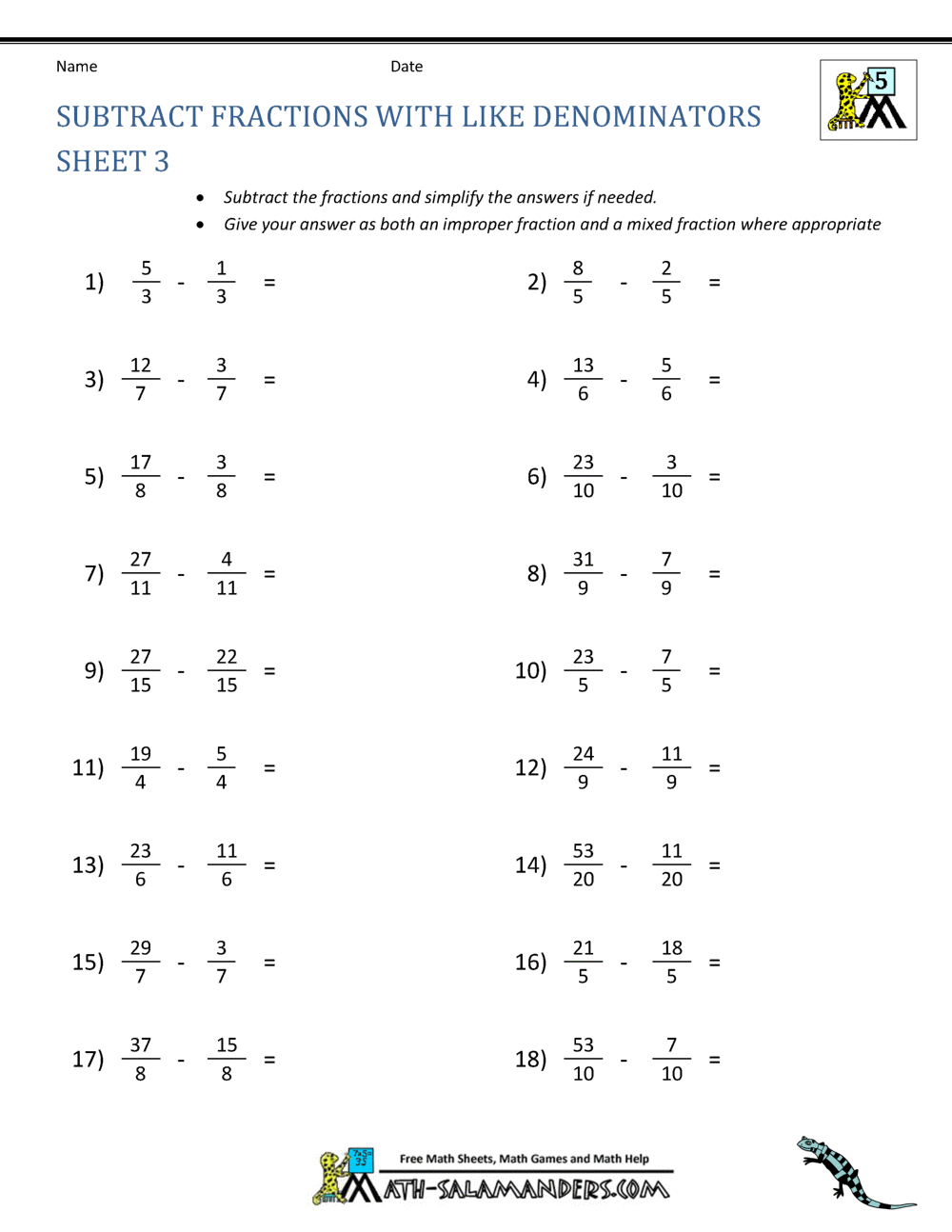 Subtracting Fractions Worksheet for Math Mastery