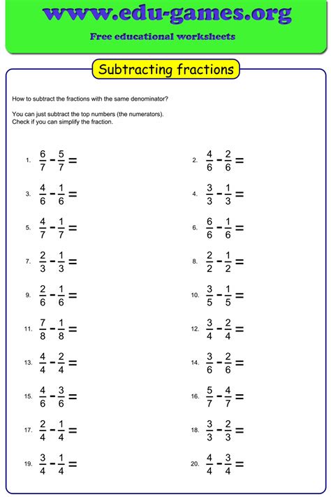 Subtracting Fractions 5Th Grade Worksheets