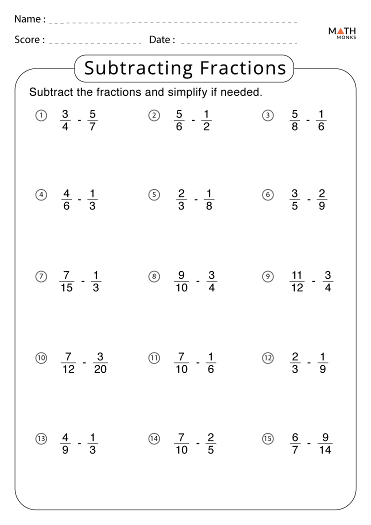 Subtracting Fractions Worksheets Math Monks