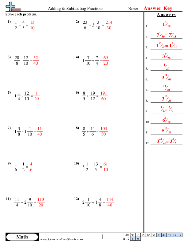 Subtracting Fractions Worksheets With Answers