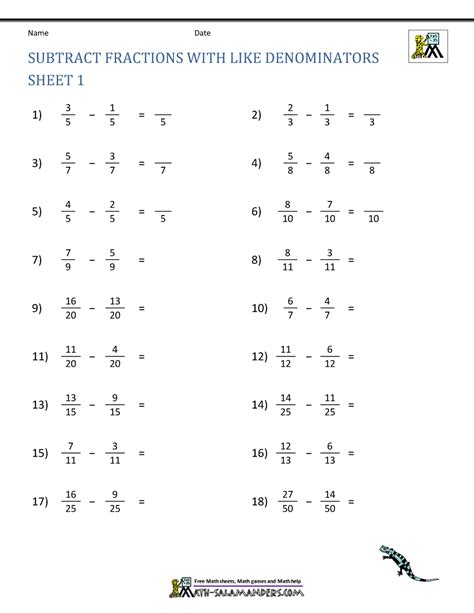 Subtracting Fractions Year 5 Worksheet