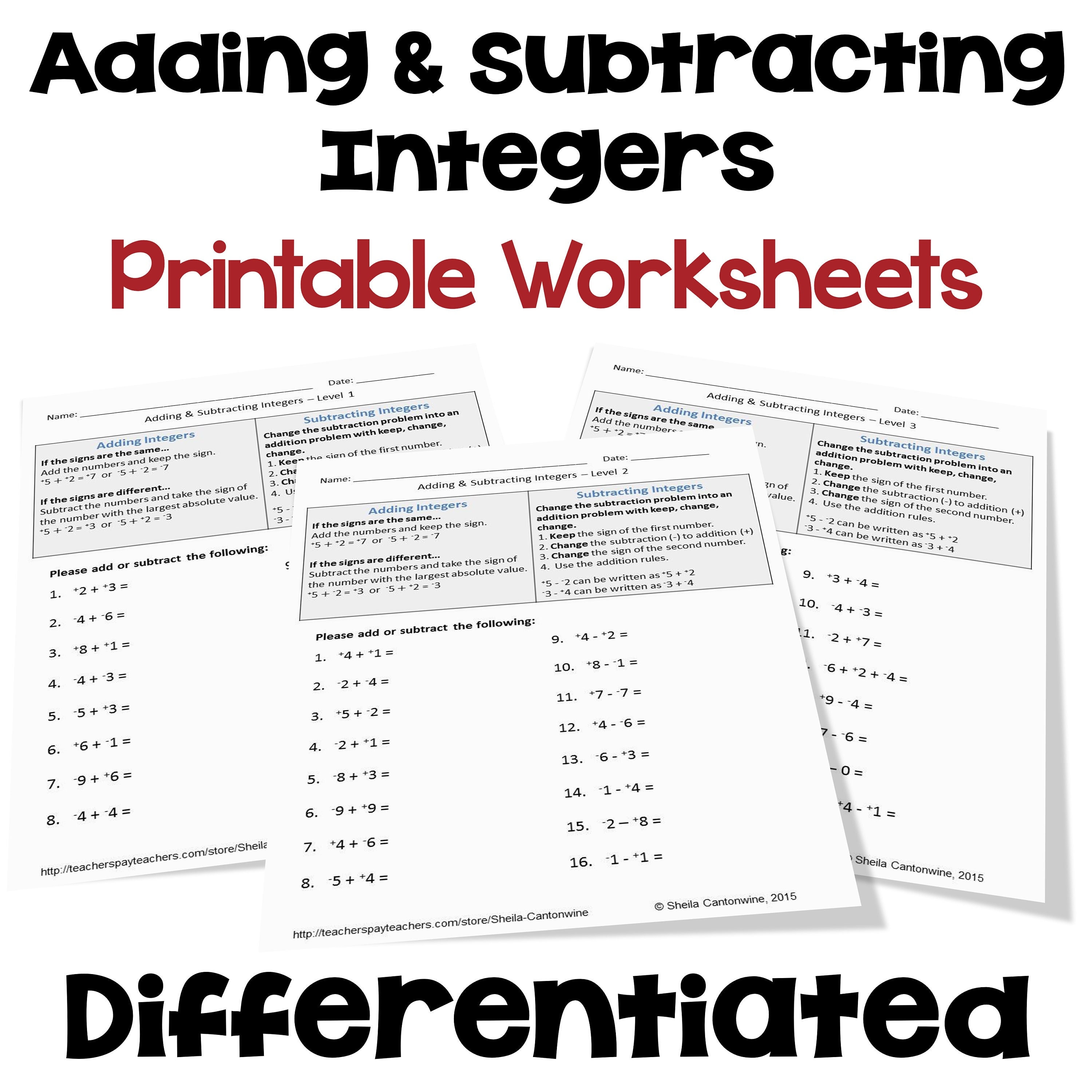 Subtracting Integers Worksheet Printable Online Answers Examples