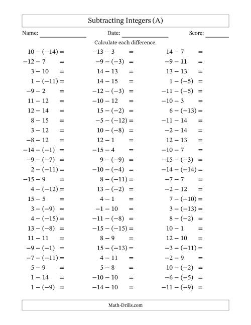 Subtracting Integers Worksheet