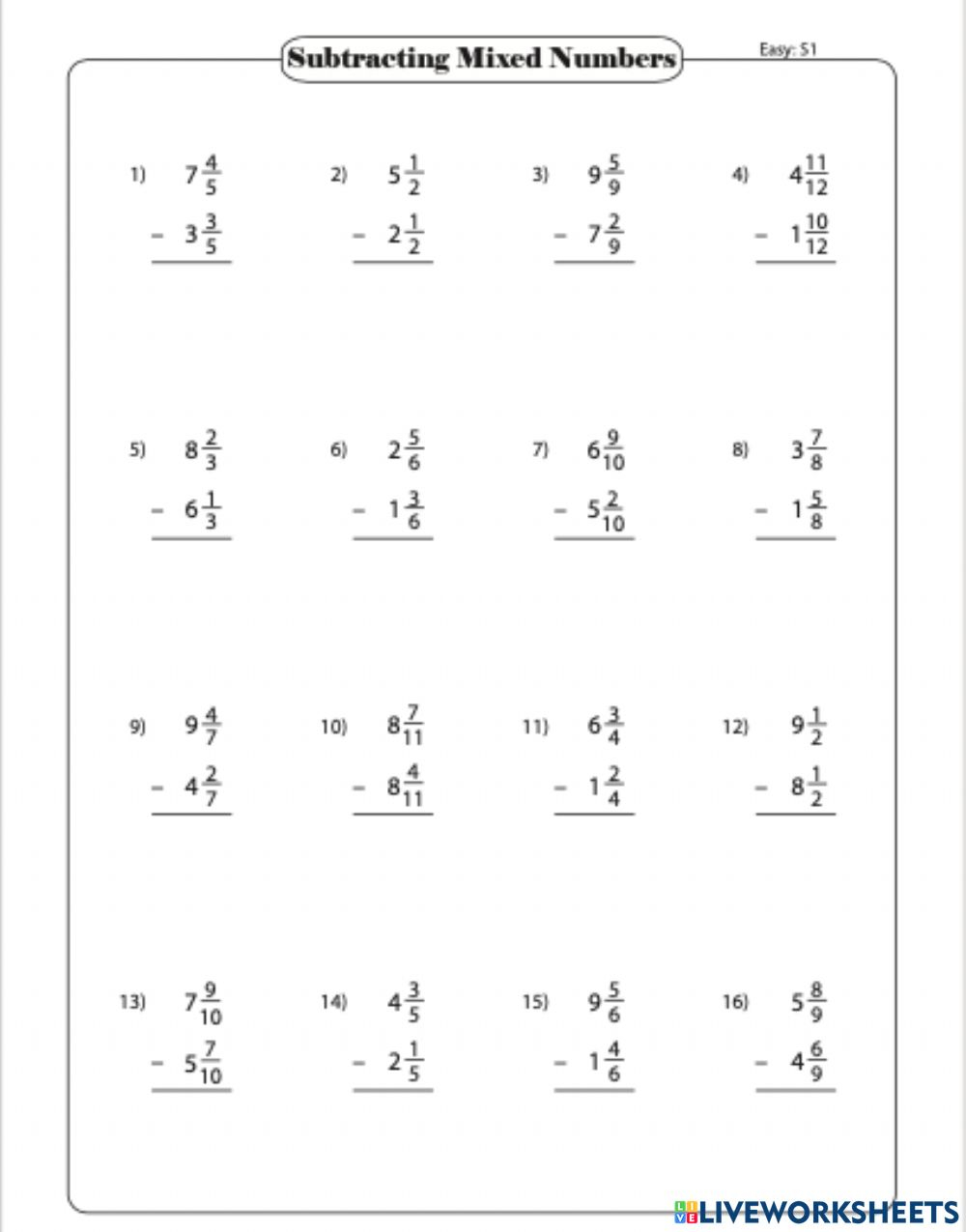 Subtracting Mixed Numbers Interactive Worksheet Live Worksheets Worksheets Library