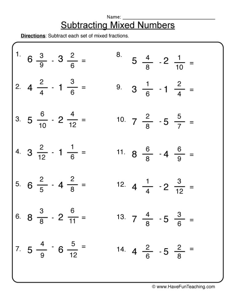 Mastering Mixed Number Subtraction: Free Worksheet