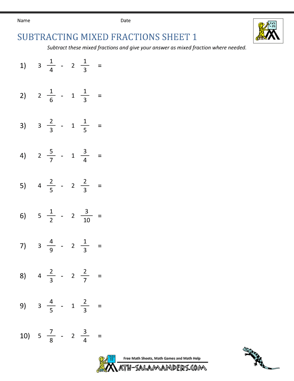 Subtracting Mixed Numbers Worksheets Subtract Fractions With Mixed