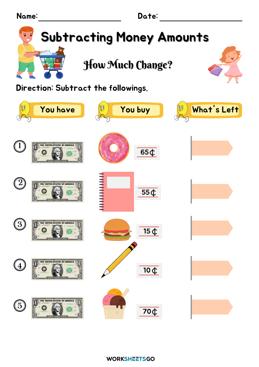 Subtracting Money Amounts Worksheets Worksheetsgo