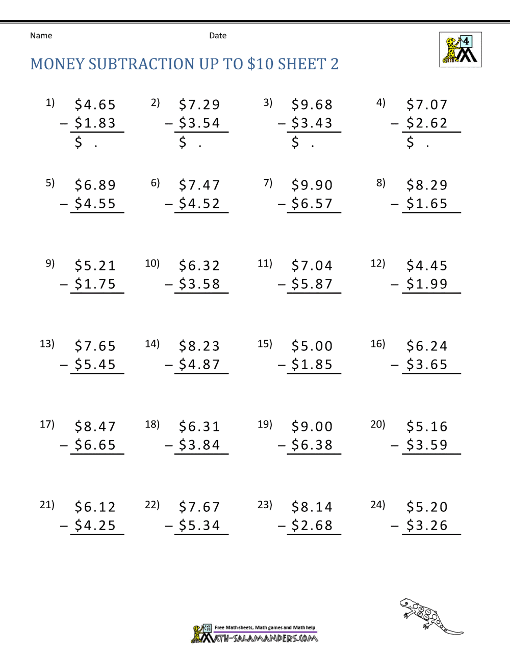 Subtracting Money Worksheets Examples Subtracting Money Summary