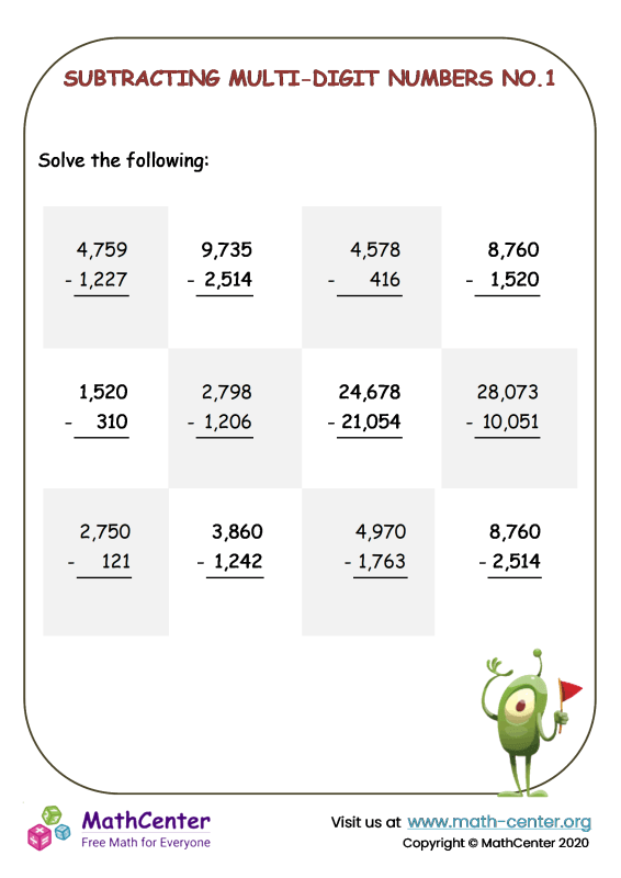 Subtracting Multi Digit Numbers With Regrouping No 5 Worksheets