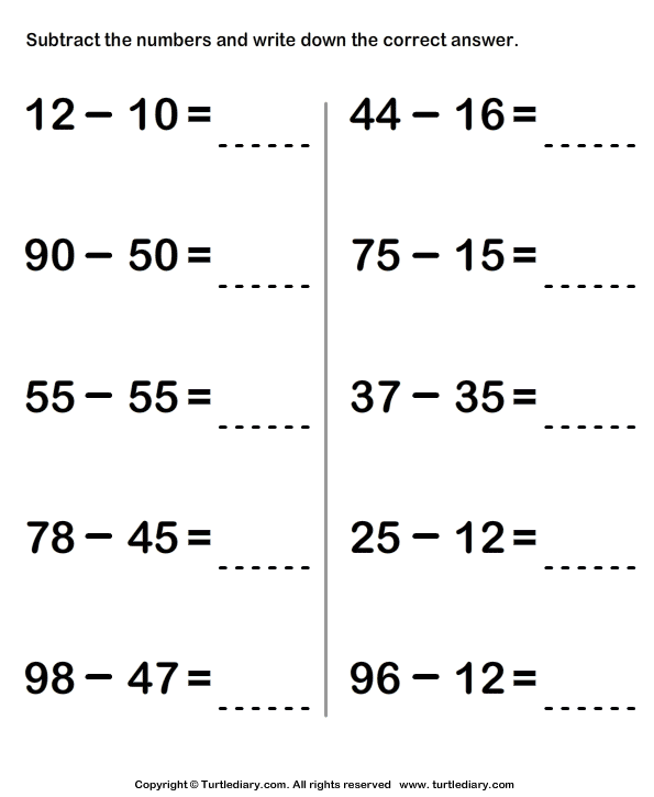 Subtracting Two Digit Numbers Worksheets