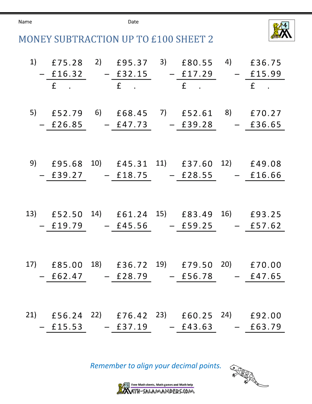 Free Printable Subtraction Money Worksheets for Kids