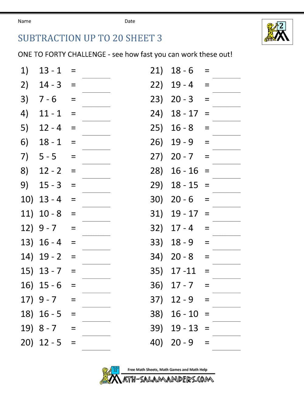 Free Printable Subtraction Worksheets Up to 20