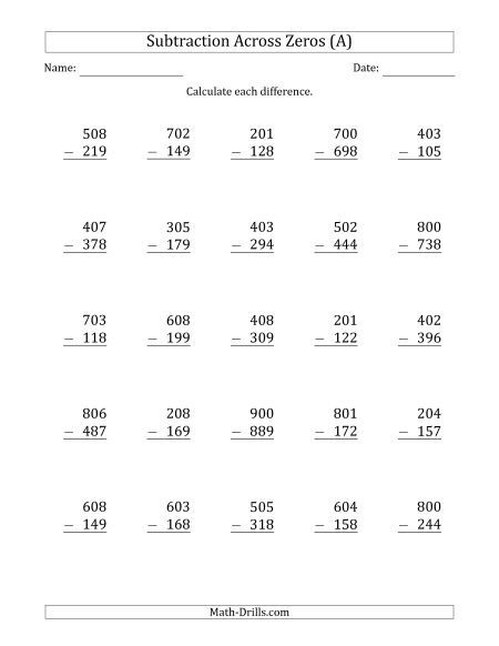 Subtraction With Regrouping Zeros Worksheets