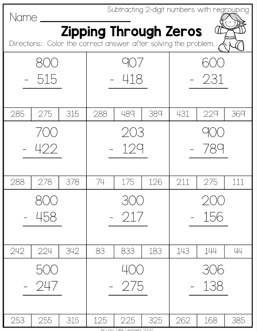 Subtraction With Zeros Worksheet Fun