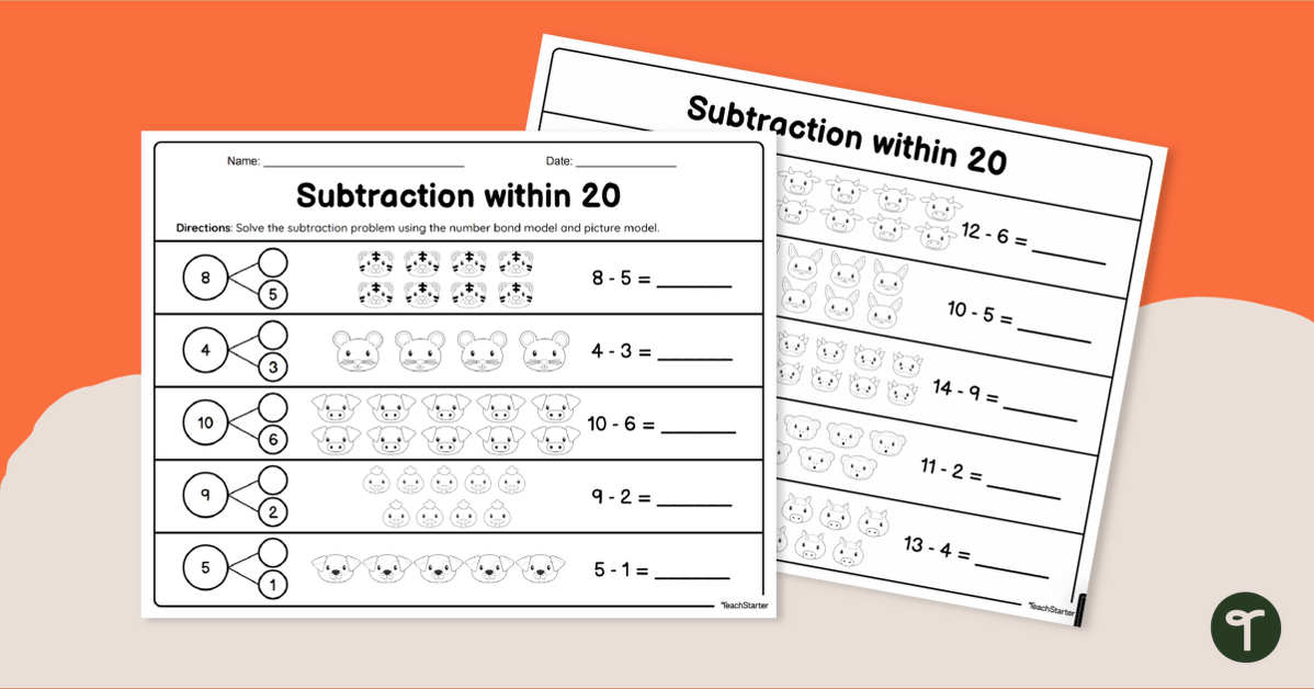 Subtraction Within 20 Number Bond Worksheet Teach Starter