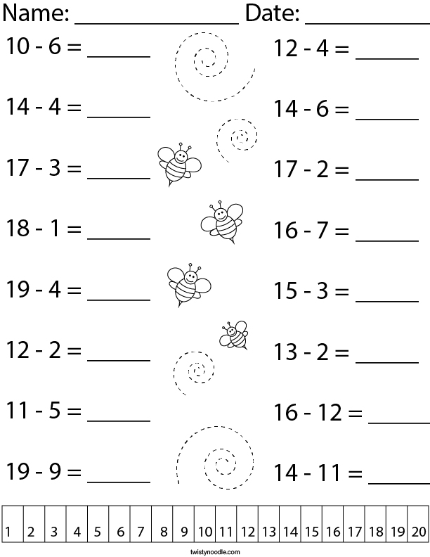 10 Subtraction Worksheets Within 20 for Kids