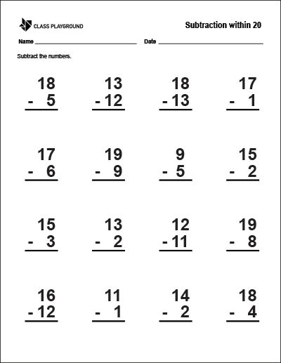 Subtraction Within 20 Worksheets First Grade Printable