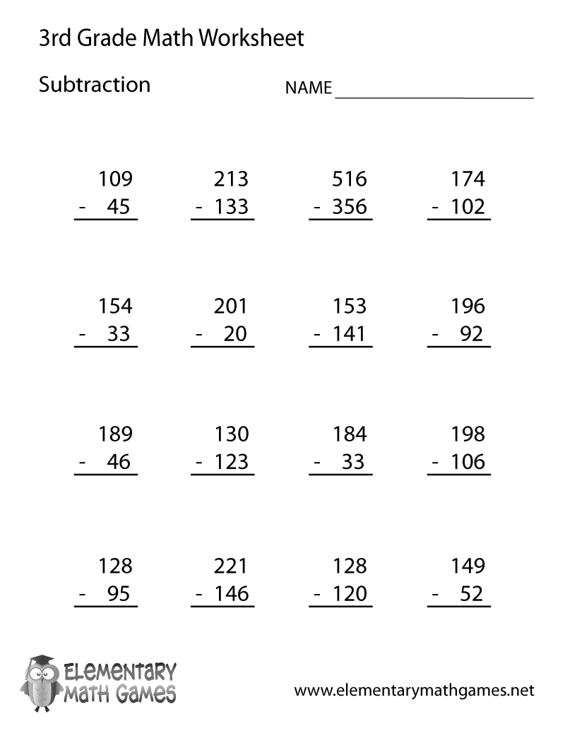 Subtraction Worksheets For 3Rd Grade