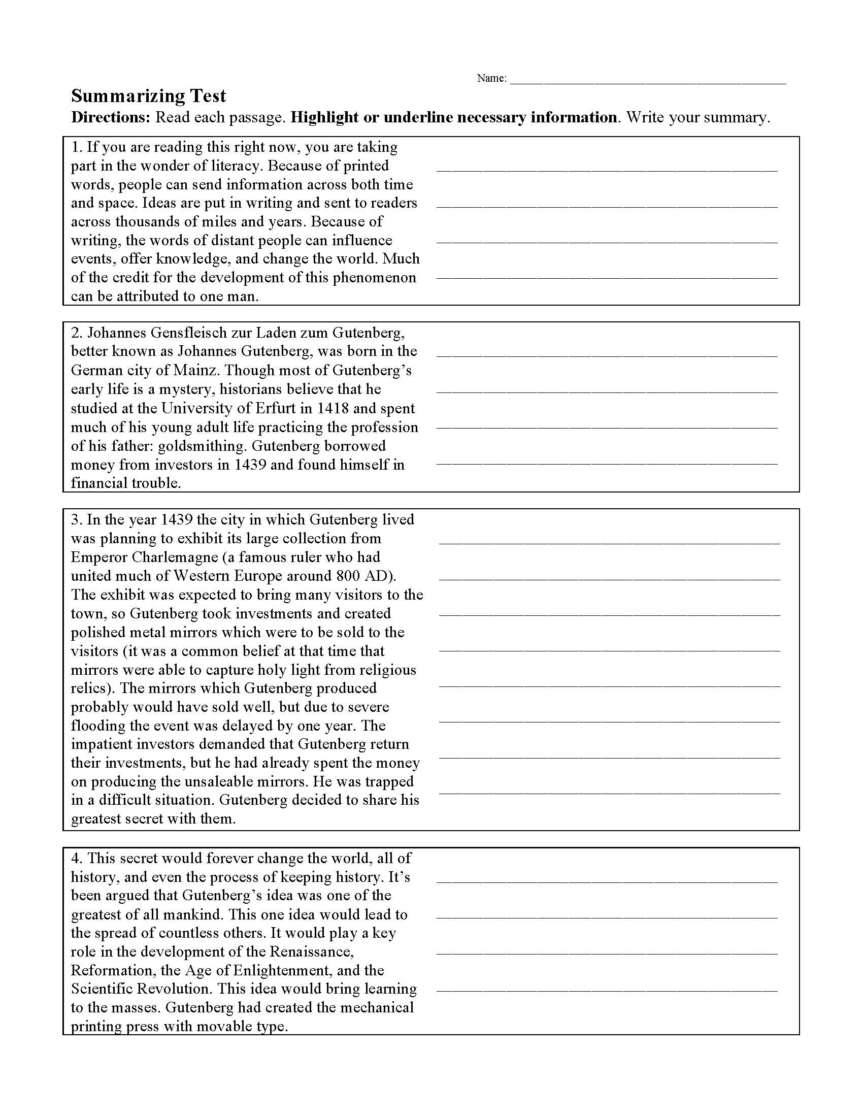 Summary Worksheets Ereading Worksheets Pdf Summarizing Worksheets And