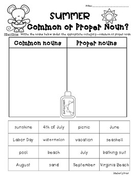 Summer Common Vs Proper Nouns Sorting Worksheet Nouns By 4 Little Baers