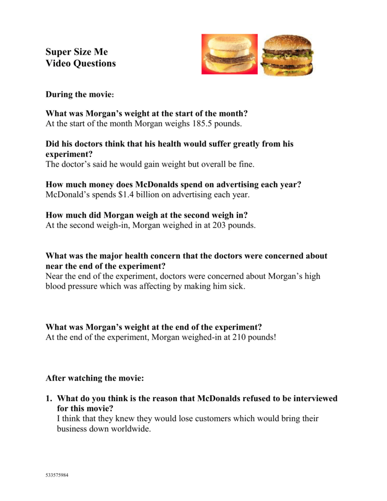 Super Size Me 2 Worksheet