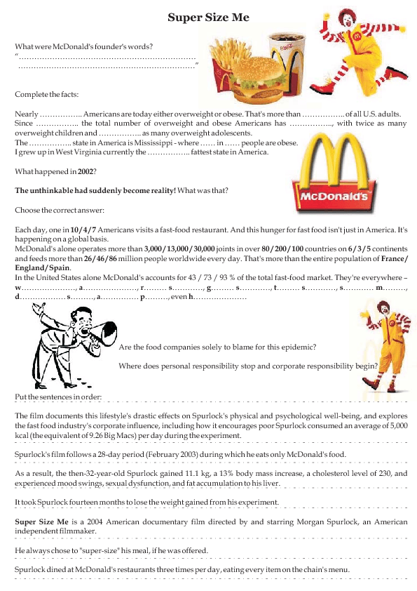 Super Size Me Esl Worksheet By Gegensusi