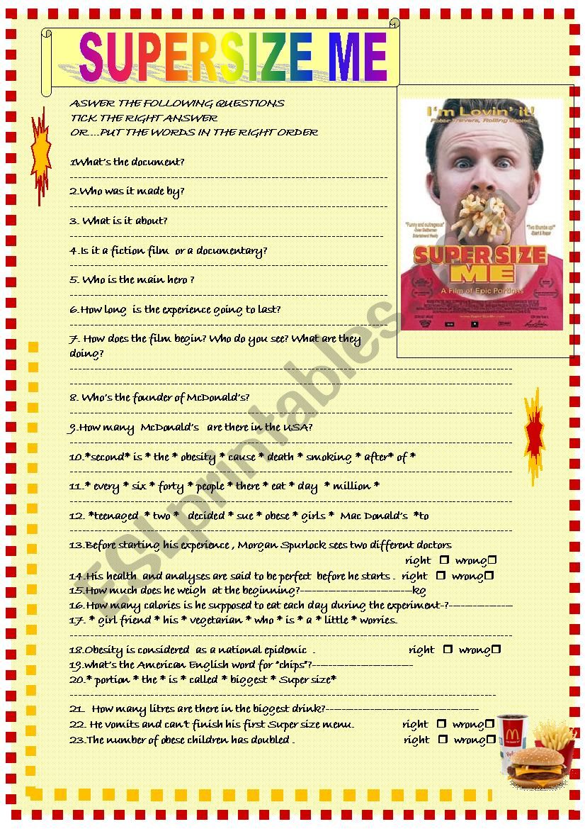 Super Size Me Worksheet Esl Worksheet By Pamlyn