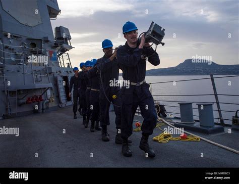 Support Activity Souda Bay Greece March 17 2018 Sailors Carry A Jackstaff Aboard The