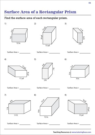 Surface Area Of A Rectangle Prism Worksheets