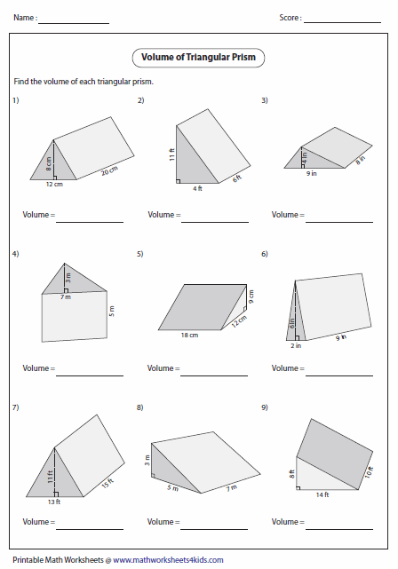 Surface Area Of Triangular Prisms Worksheet For 5Th 6Th Grade