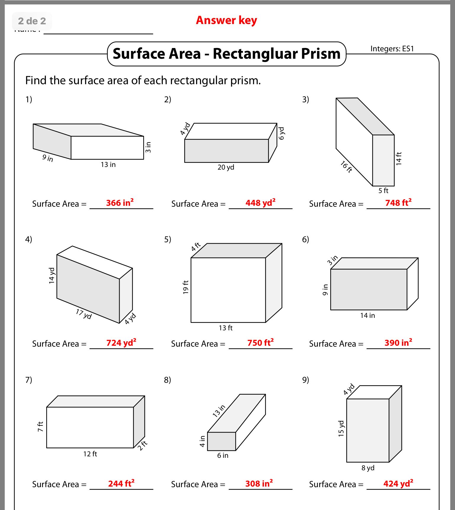 Surface Area Worksheets With Answers Pdf