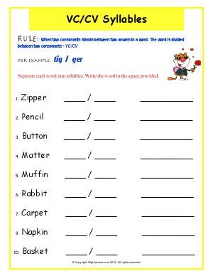 Syllables First Grade English Worksheets Biglearners