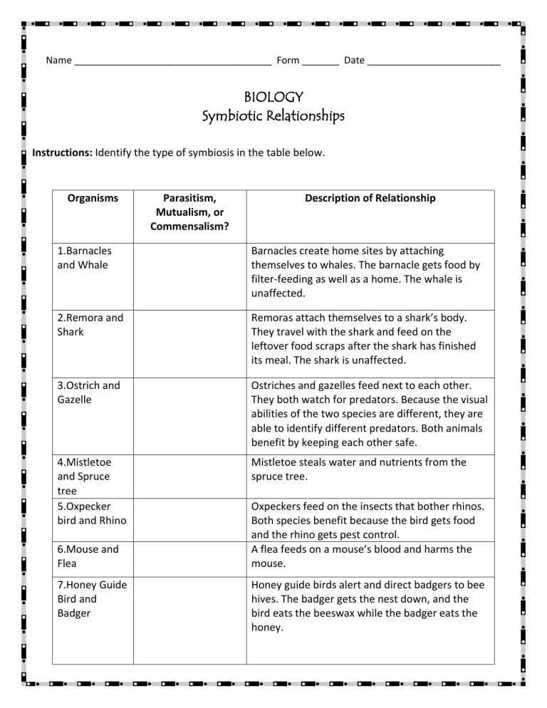 Symbiotic Relationship In Ocean Worksheet