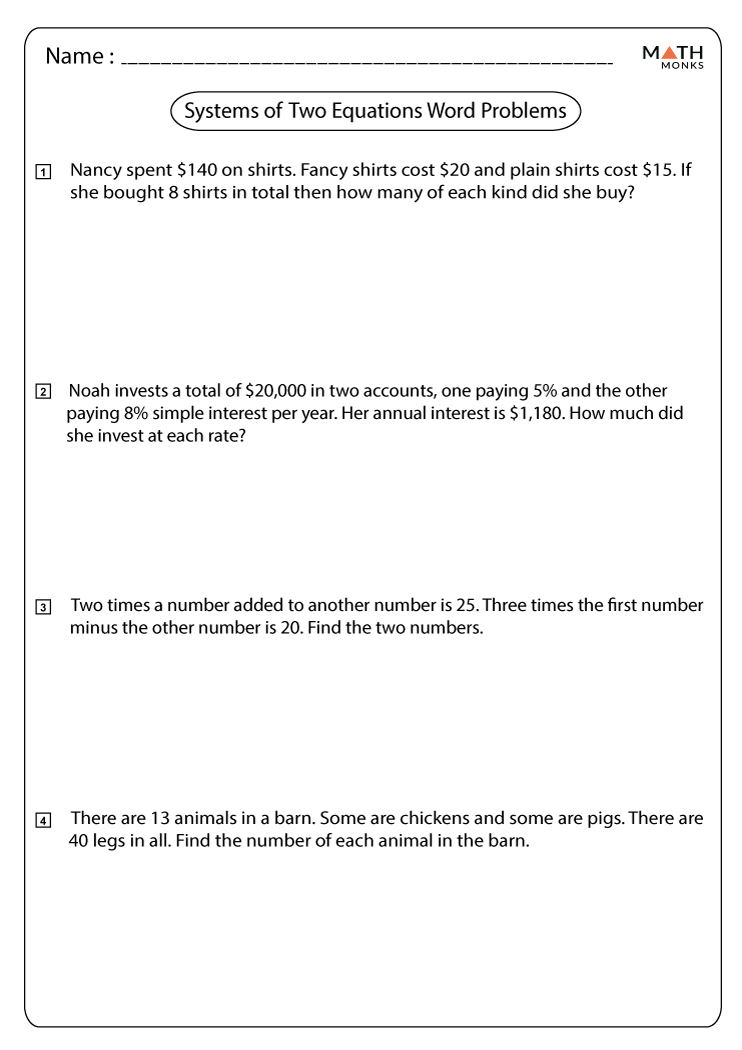 System Of Equations Word Problems Worksheet For 9Th 11Th Grade